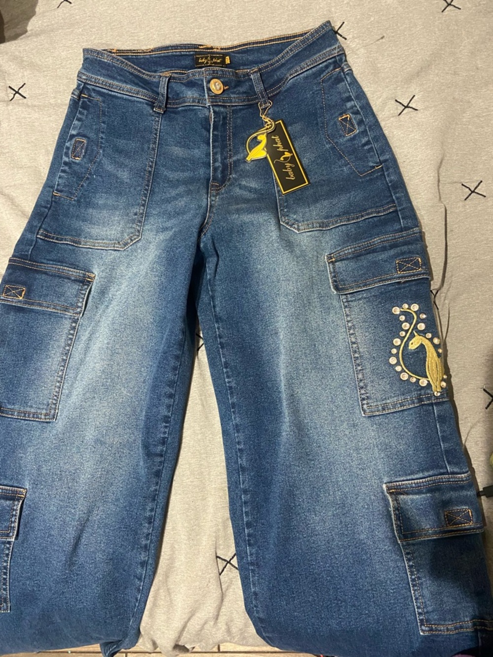 Baby Phat Blue Denim Cargo Jeans with Embellished Pocket